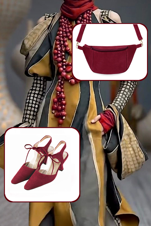 Women's burgundy red elegant closed-toe heels, with an instep strap. Tapered toe. Medium spool heels - Worn view